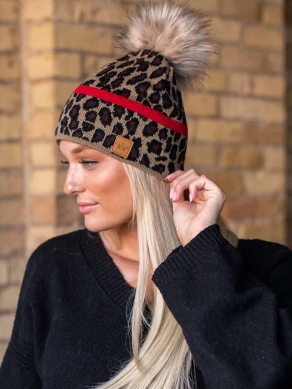 Penache Women’s Leopard Print Faux Fur PomPom Beanie With Red Stripe